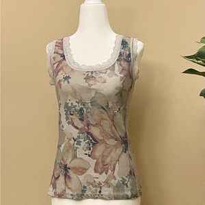 Venti6 Lace Trim Floral Beige Tank